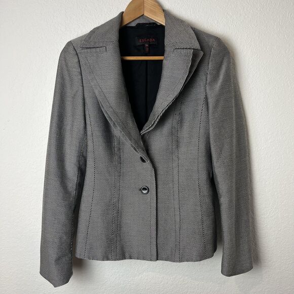Escada Blazer Womens 36 Gray Black Herringbone Virgin Wool Blend Tailored Fitted - Picture 1 of 6